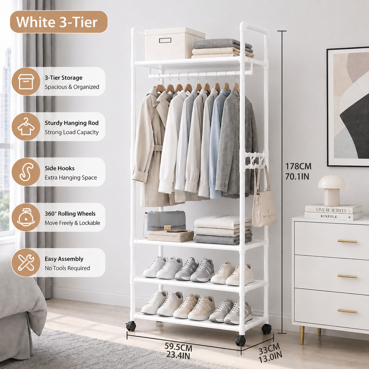 Fishing Rod Travel - Rolling Clothes Rack With Wheels White